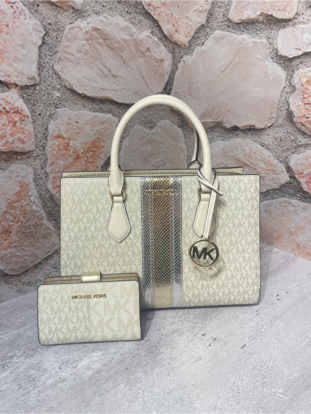 Michael Kors Sheila Medium Metallic Center Stripe Satchel & Matching Wallet Gold